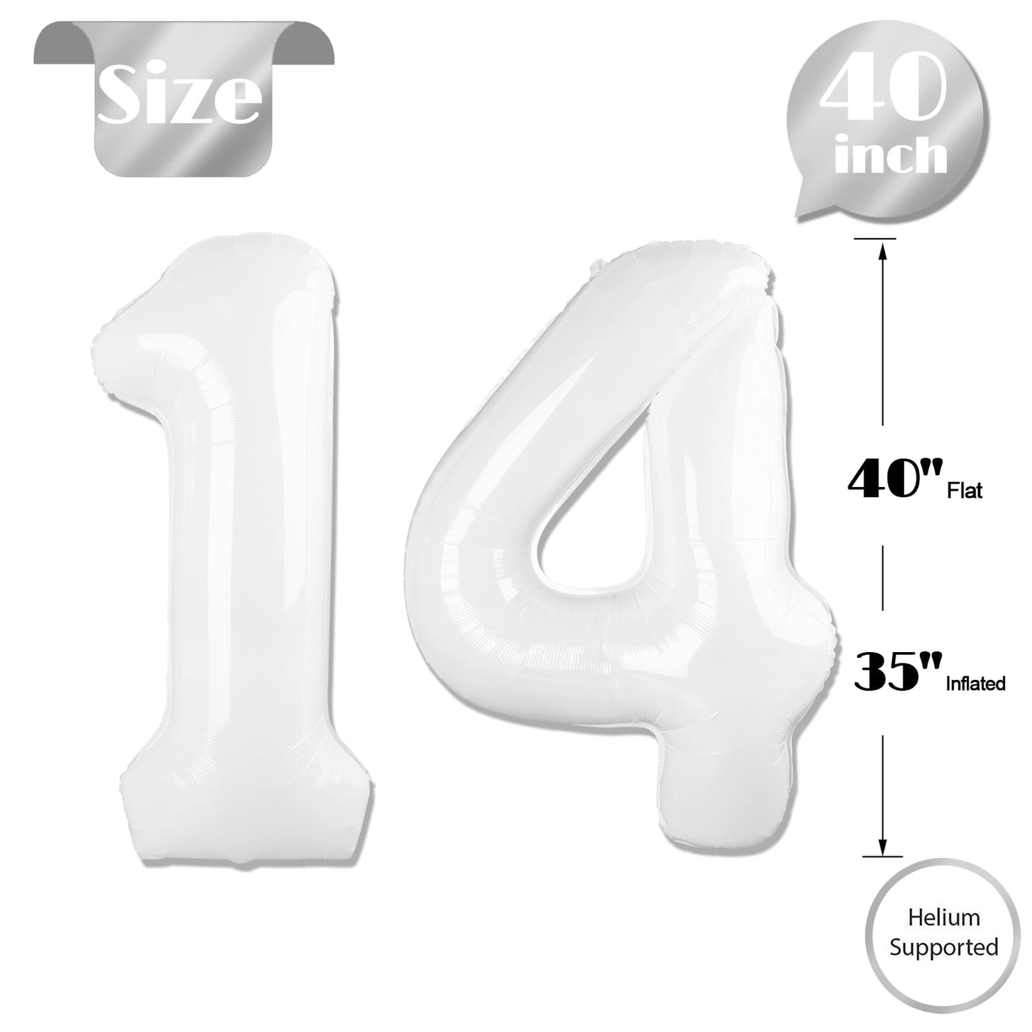 White Number 14 Balloon 40 inch, 14 Number Balloons, 14th White Birthday Decorations for Girls Boys 14 Year Old Party Supplies