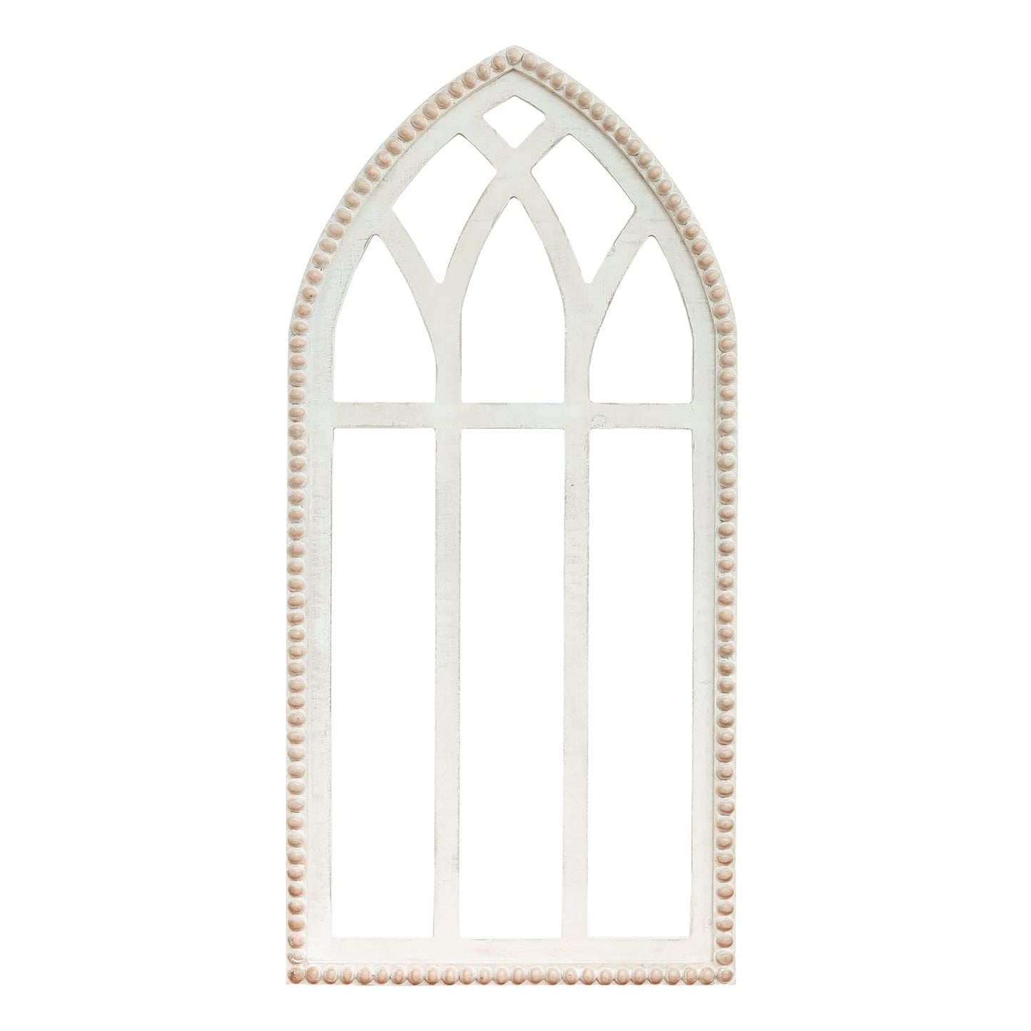 Synovana Arched Wooden Window Frame Wall Decoration, Rustic Farmhouse Wood Window Pane Hanigng Art Decor, 42 inches Gothic Cathedral Style Spire Design Wall Mounted Fake Window Decor, Distressed White