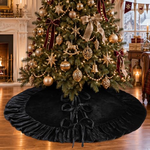 SoarDream Black Velvet 36 Inch Ruffled Christmas Tree Skirt - Vintage Style