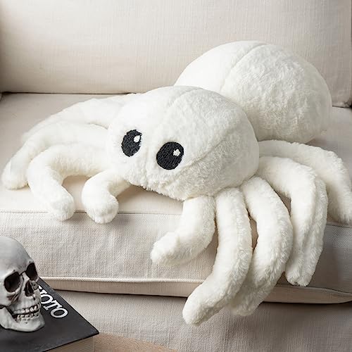 White Spider Halloween Throw Pillow - Cute Faux Fur Tarantula Cushion 22x16 inches