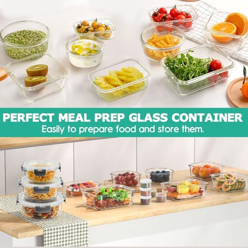 Glass Food Storage Containers Set - 34-Piece Airtight Meal Prep Lids - Gray