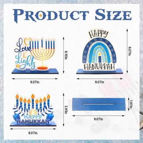 3PCS Hanukkah Table Decorations Decor, Wooden Chanukkah Table Centerpiece Set Dreidel Star of David Candle Menorah Blue Centerpieces Table Decorations for Home Party Jewish Christmas Chanukah Decor