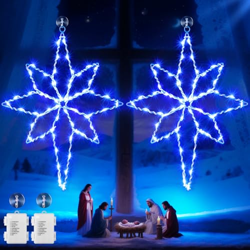Hiboom Blue 2 Pack 16-Inch Christmas Star Window Lights with Timer & 8 Modes
