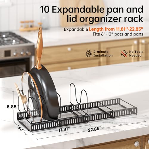 MUDEELA Expandable Pot Pan Lid Organizer Rack 2-Pack Black with 10 Dividers