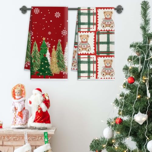 2Pcs Teddy Bear Christmas Kitchen Towels – Plaid & Tree Border Set