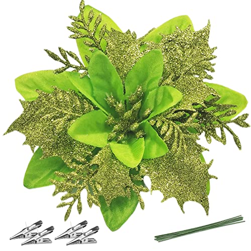 Christmas Poinsettia Artificial Flowers Decorations 5.5" Christmas Tree Wreaths Garland Decoration 12 Pcs Glitter Flowers Picks Decor for Xmas New Year Wedding Party Ornaments (Green)