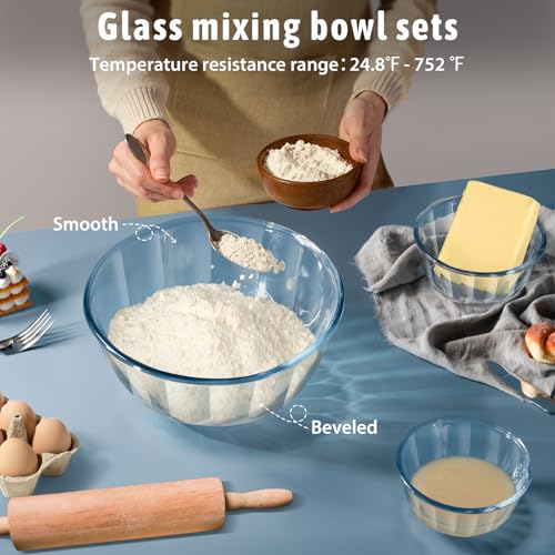 Glass Mixing Bowls Set with Airtight Lids - 5 Thick Borosilicate Kitchen Nesting Bowls