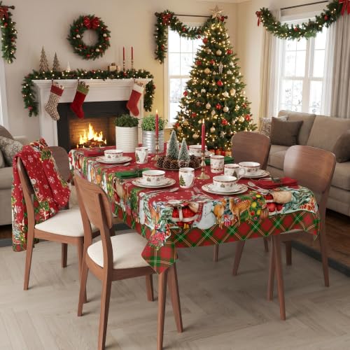 JNDJE Christmas Santa & Snowman Water Resistant Tablecloth 60x140 Inch, Farmhouse Holiday Decor