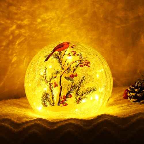 Yinhua Lighted Christmas Decorations Indoor, 4" Cardinal Bird Crackle Glass Balls, Light Up Christmas Globe Light with Timer, Xmas Centerpieces for Tables Mantel Fireplace Living Room Gift