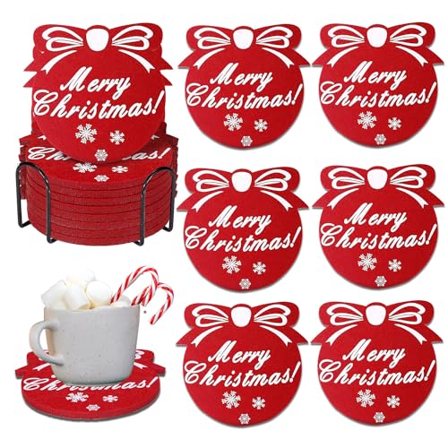 12 Pack Red Christmas Snowflake Felt Coasters - Absorbent Non-Slip 3.9in for Winter Holiday Decor