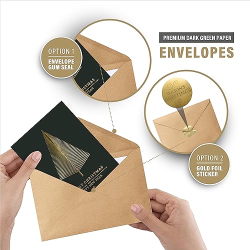 easykart labels 20 Gold Foil Christmas Greeting Cards with Envelopes – 5.75 x 4.25 Dark Green, Embossed Tree Design, Includes Seal Stickers