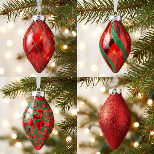 Sleetly 12-Pack Teardrop Christmas Ornaments 4in Red & Green Finials – Gold Lattice/Scroll/Swirl/Glitter