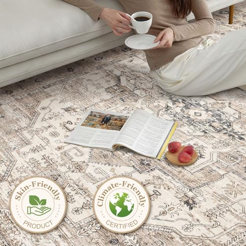 8x10 Washable Vintage Tea Brown Area Rug for Living Room - Non Slip, Easy Clean