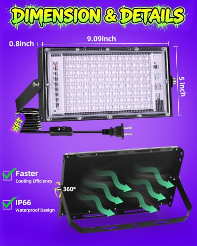 100W Black Light Floodlight IP66 Waterproof for Halloween Glow Party - Black