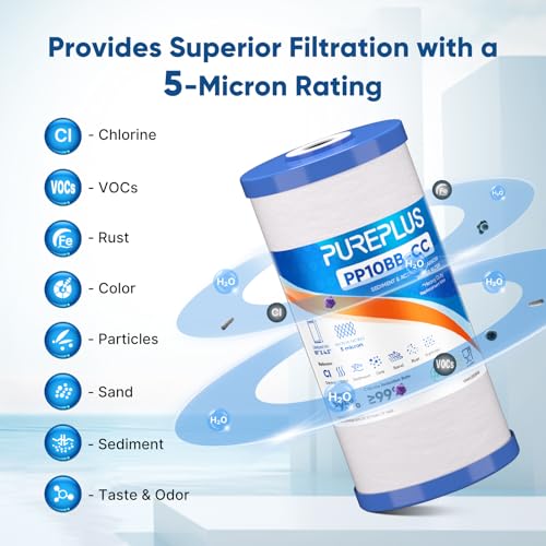 4 Pack 10x4.5 Inch Whole House Sediment & Carbon Water Filter - 5 Micron