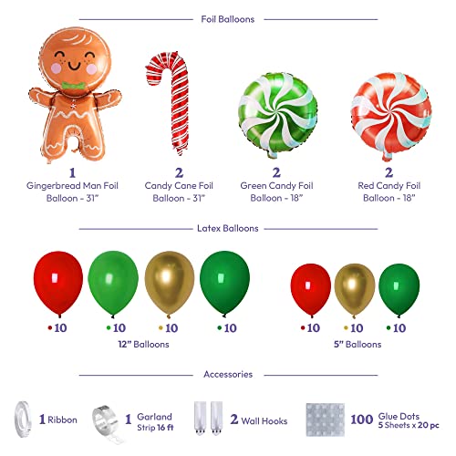 HOUSE OF PARTY Gingerbread Balloon Arch - 80 Pcs | Red, Green & Gold Candy Cane, Mylar Balloons for Christmas Decorations