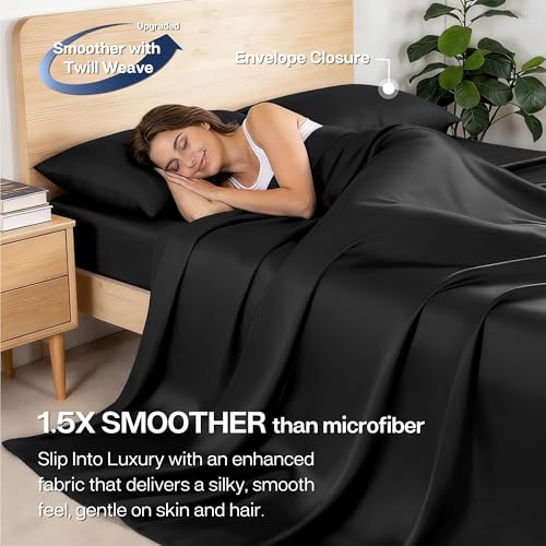 Black Queen Bed Sheets Set - Rayon Bamboo Blend, Deep Fitted & Pillowcases