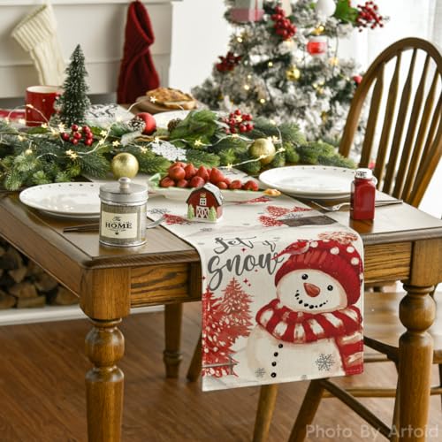 Artoid Mode Red Snowman Xmas Table Runner 13x60 Inch Home Holiday Decor