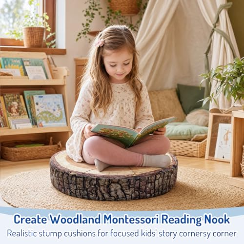 Tree Stump Floor Cushions for Kids 6 Pack - Natural Wood Set, 15 Inch Classroom Seating