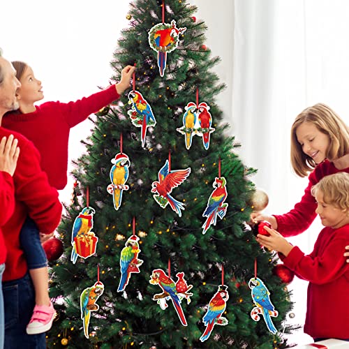 12 Pcs Wooden Parrot Christmas Ornaments - Holiday Tree Decorations