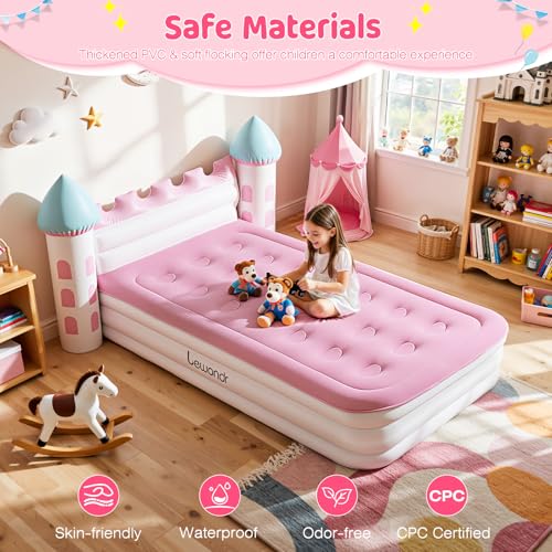 Lewondr Pink Castle Toddler Inflatable Bed with Electric Air Pump - Girl's Play & Sleep Bed, 3D Castle Headboard, Safe & Quick Inflate