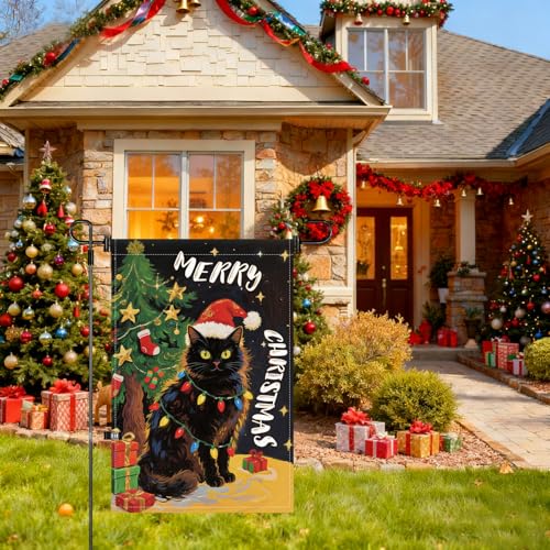 Merry Christmas Garden Flag 12x18 Inch Double Sided Black Cat Xmas Winter Yard Flag Small Mini Yard Lawn Outside Holiday Party Decoration Outdoor Christmas Decorations