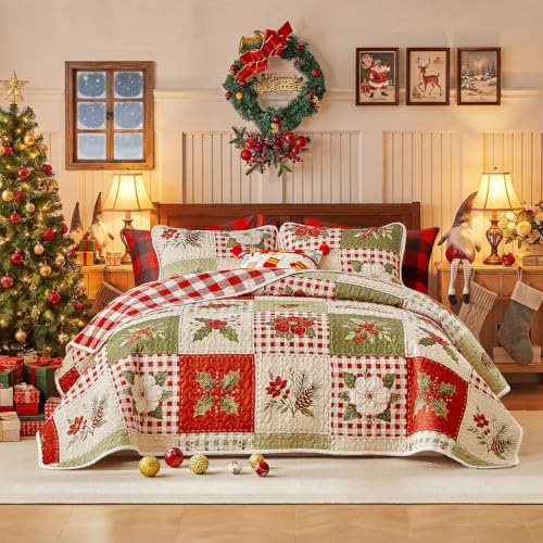 Christmas Patchwork Quilt Set Twin Size - 2 Pieces Green Red Plaid Bedding