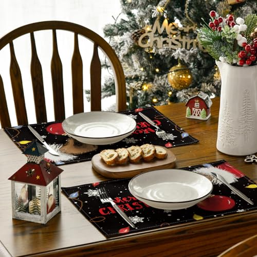 Artoid Mode Xmas Ball Merry Christmas Placemats Set of 6, 12x18 Inch Seasonal Winter Holiday Black Table Mats for Party Kitchen Dining Decoration