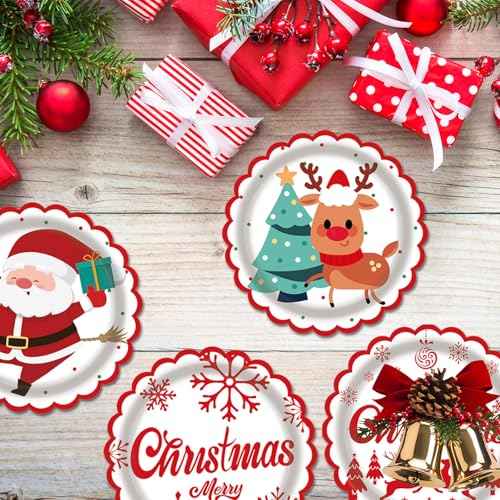48 Pack Christmas Paper Plates Disposable 7 Inch - 4 Assorted Designs with Santa, Reindeer & Holiday Greetings - Heavy Duty Red & White Holiday Plates for Christmas Party Supplies, Dinner, Dessert