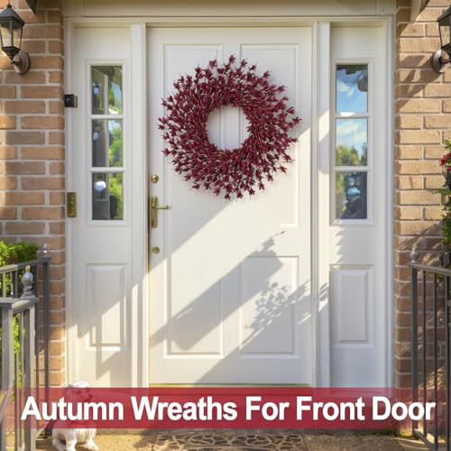 LZNPA 26 Inch Realistic Fall Wreath for Front Door, Wine Red Autumn Decor