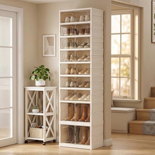 Tykacna White 9-Tier Tall Shoe Rack with Wheels, Dustproof, Fits 18 Pairs, 3-Minute Assembly