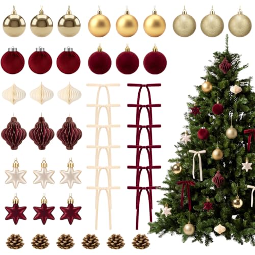 Vertintong Burgundy & Gold Christmas Ornaments Set - 45 Pcs Holiday Decoration Pack