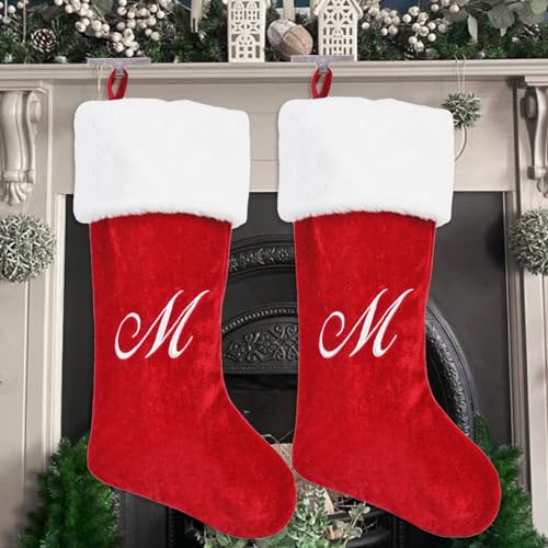 PORRUNNY 20 Inch Red Plush Christmas Stockings - Family Holiday Decor M