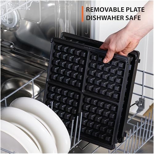 Belgian Waffle Maker 4-Slice Family Size Stainless Steel with Removable Plates