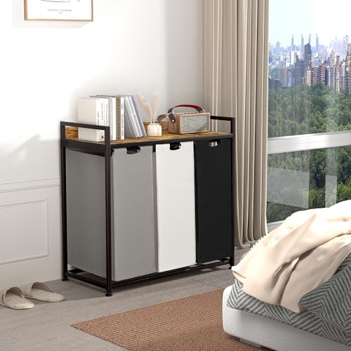 Herture 3-Bag Laundry Sorter with Shelves, 60L Capacity, Rustic Brown - Removable Bags & Wheels
