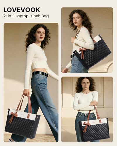 3-in-1 Work Tote Bag with Lunch Compartment for Women - Black, 15.6 Inch