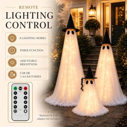 CheerBloom 3 Pack Light-Up Ghost Halloween Decorations Outdoor, Adjustable 6ft, 5ft, 2.6ft with Remote & Reusable Fabric
