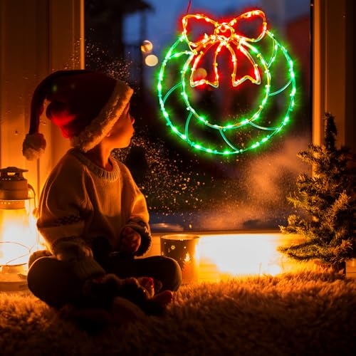Glooglitter 4 Pcs Christmas Window Silhouette Lights with Bow, 80 LED USB Decor