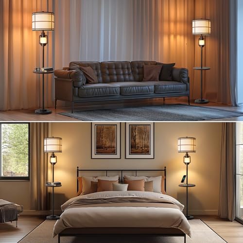 Dark Bronze Rustic Farmhouse Floor Lamp with Nightlight and Metal Tray