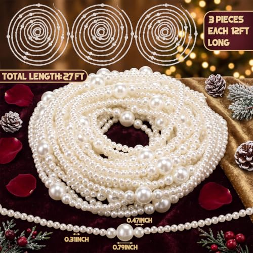 Kenning 3 Pcs Pearl Garland Christmas Decorations 27ft with Mixed Beads