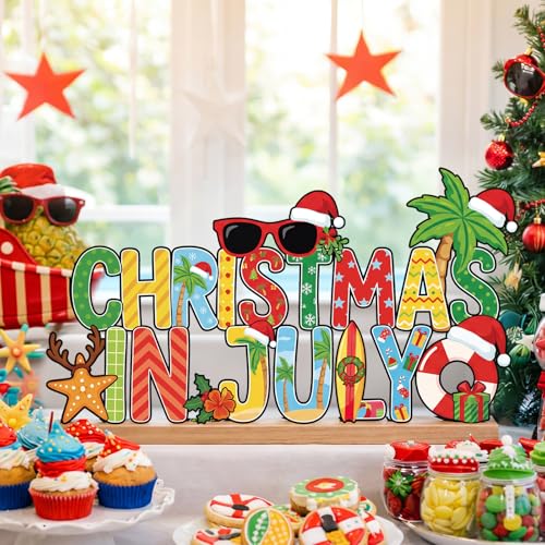 Metal Christmas in July Sign Tabletop Decor with Wooden Base