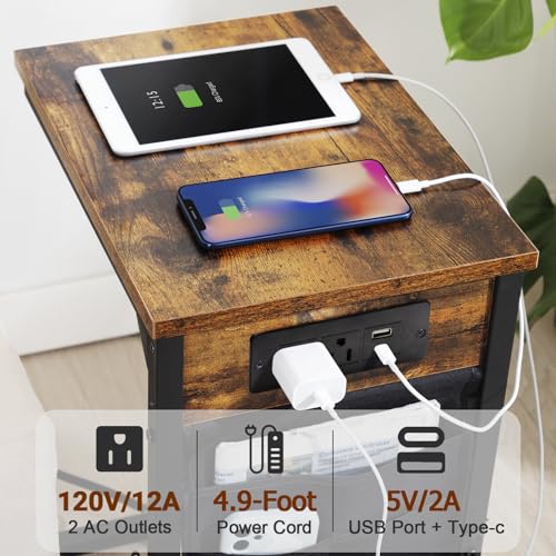 C Shaped End Table with Charging Station - Rustic Brown, Set of 2