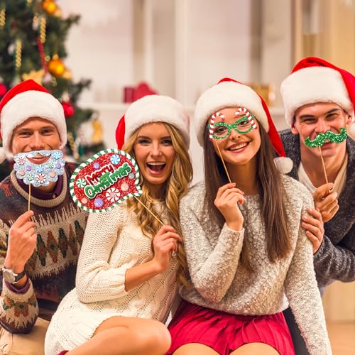 HOWAF 30pcs Glitter Photo Booth Props Set – Peppermint Candy & Lollipop Christmas Party
