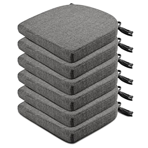 Wellsin Set of 6 Dark Gray 16x16x2 Inch Kitchen Chair Cushions with Ties & Non-Slip Backing
