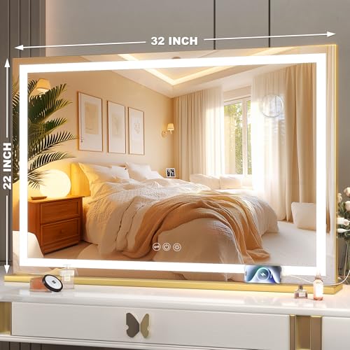 Gold 32x22 Inch LED Lighted Vanity Mirror with Dimmable Touch Control