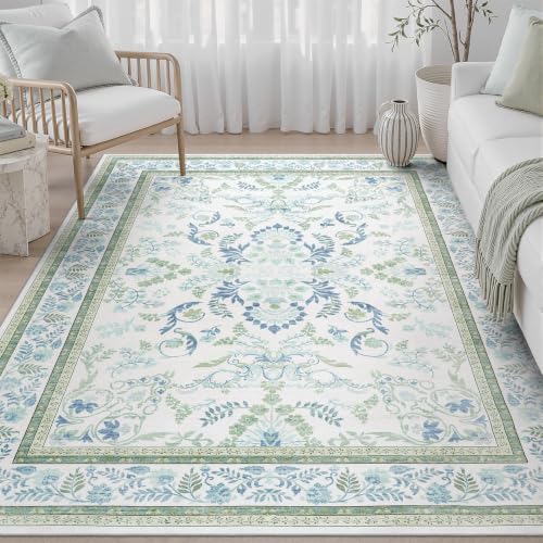 Blue and Green Washable 6x9 Area Rug - Non-Slip, Soft, Durable