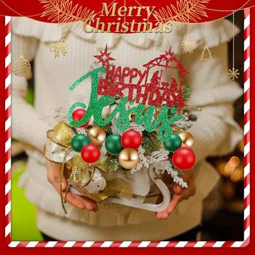 31 Pcs Happy Birthday Jesus Cake Topper Merry Christmas Balloon Topper Red Green Glitter Nativity Jesus Birthday Cake Pick for Nativity Scene Holiday Xmas Party