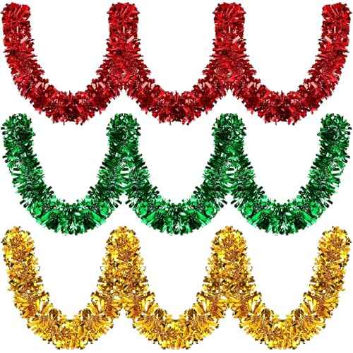 MARFOREVER Xmas Tinsel Garland Decor, Christmas Metallic Garlands Red Green Gold Hanging Garland for Merry Christmas Party Wedding Fireplace Stairs Railing Mantel Wreath Ornaments, 3 Pcs 19.7 FT