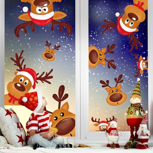 Christmas Reindeer Window Clings - Cute Cartoon Animal Decals, Reusable PVC Window Decor for Winter, Birthday, Baby Shower, Party Glass Mirror, 4 Sheets