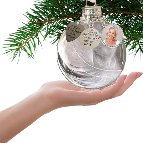 Sympathy Gifts for Loss of Mom,Clear Christmas Memorial Ornament Feather Ball, A Piece of My Heart is in Heaven,Christmas Tree Remembrance Hanging Pendant 3.15 inch (Mom)